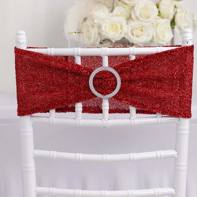 5 Pack Spandex Chair Sashes Red Shimmer Tinsel 5"x12" with Silver Rhinestone Buckles - Stylish Design