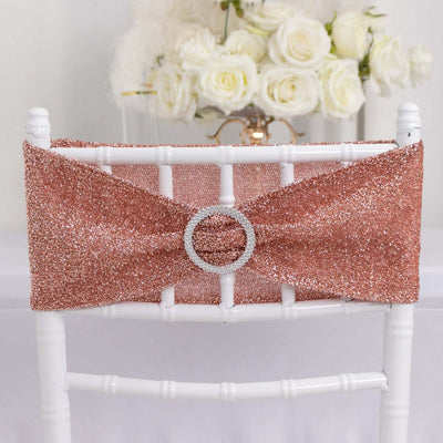 5 Pack Spandex Chair Sashes Rose Gold Shimmer Tinsel 5"x12" with Silver Rhinestone Buckles - Stylish Design
