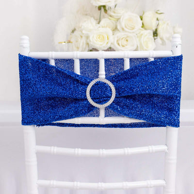 5 Pack Spandex Chair Sashes Royal Blue Shimmer Tinsel 5"x12" with Silver Rhinestone Buckles - Stylish Design