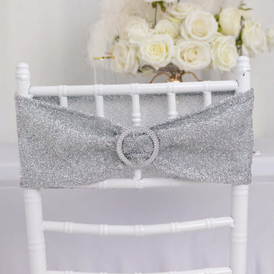 5 Pack Spandex Chair Sashes Silver Shimmer Tinsel 5"x12" with Silver Rhinestone Buckles - Stylish Design