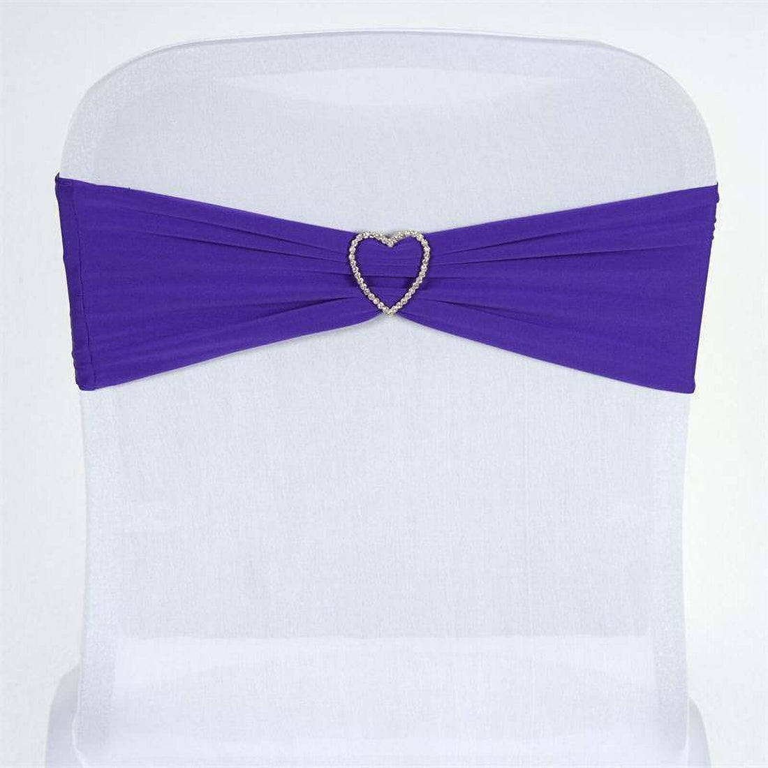 Purple chair sash with heart-shaped rhinestone embellishment