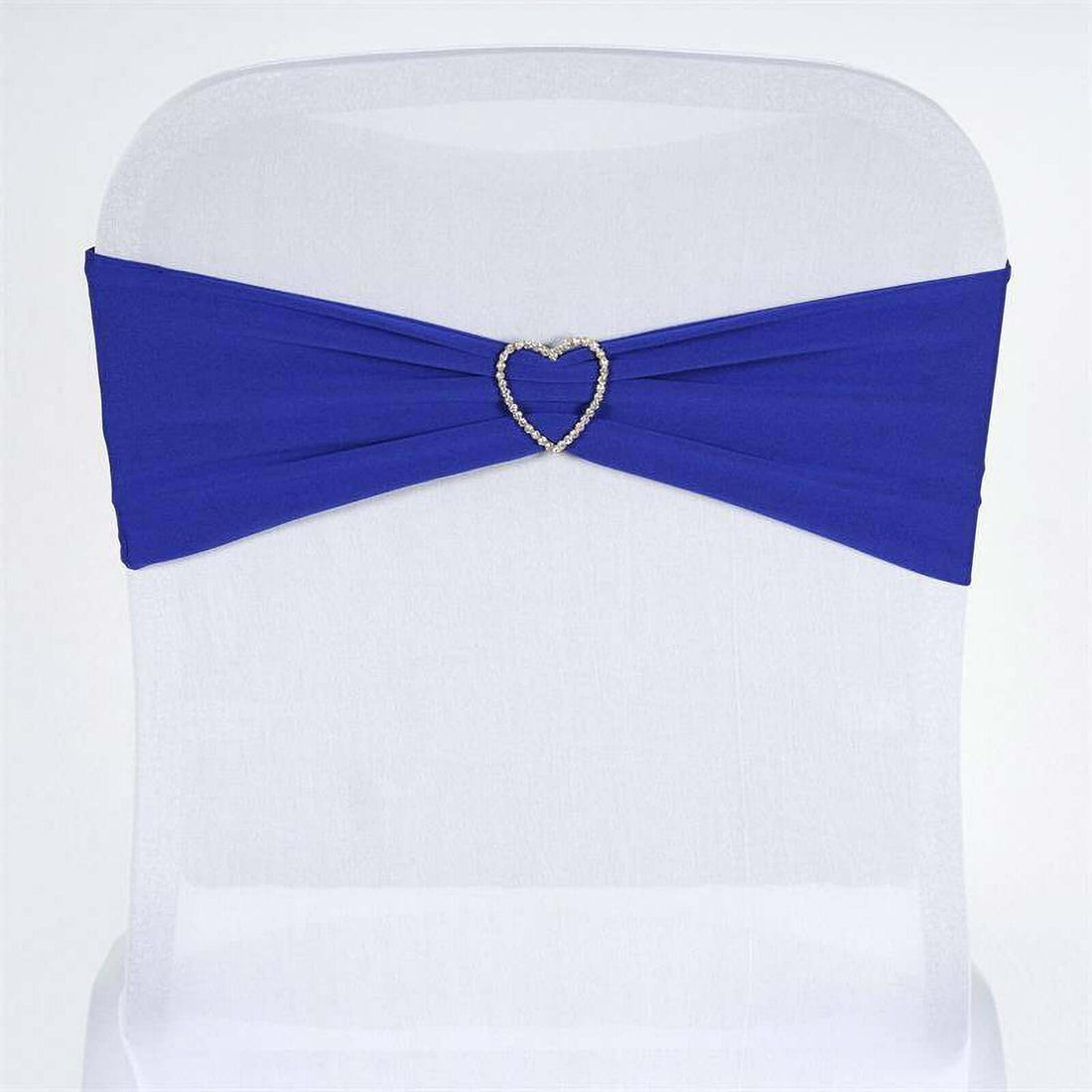 Blue chair sash with heart-shaped rhinestone buckle