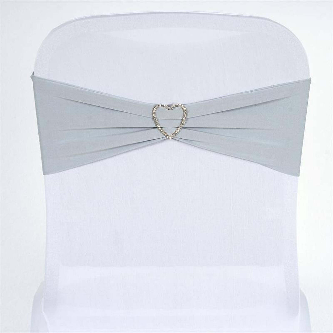 Grey satin chair sash with heart-shaped rhinestone embellishment