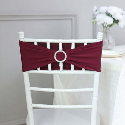 5 Pack Stretch Spandex Chair Sashes 5"x14" Burgundy with Silver Diamond Ring Slide Buckle - Durable Fitted Chair Bands