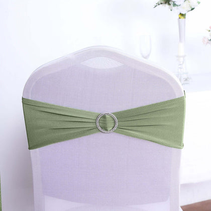 5 Pack Stretch Spandex Chair Sashes 5"x14" Dusty Sage Green with Silver Diamond Ring Slide Buckle - Durable Fitted Chair Bands