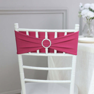 5 Pack Stretch Spandex Chair Sashes 5"x14" Fuchsia with Silver Diamond Ring Slide Buckle - Durable Fitted Chair Bands
