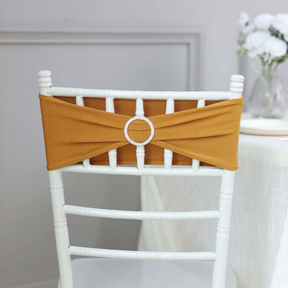 5 Pack Stretch Spandex Chair Sashes 5"x14" Gold with Silver Diamond Ring Slide Buckle - Luxe Durable Fitted Chair Bands for Weddings & Events