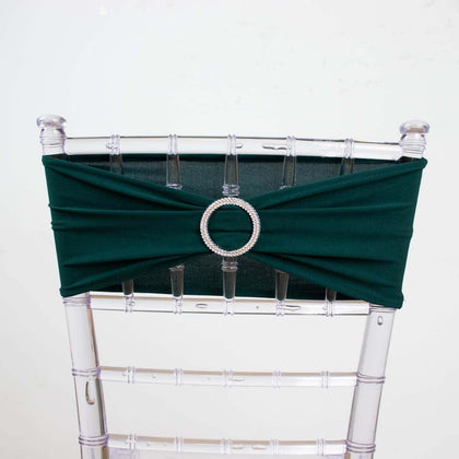 5 Pack Stretch Spandex Chair Sashes 5"x14" Hunter Emerald Green with Silver Diamond Ring Slide Buckle - Durable Fitted Chair Bands