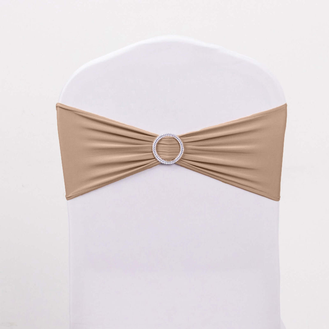 Beige chair sash with rhinestone buckle on white chair