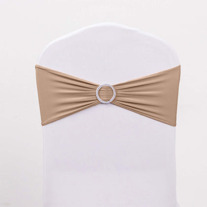 5 Pack Stretch Spandex Chair Sashes 5"x14" Nude with Silver Diamond Ring Slide Buckle - Durable Fitted Chair Bands
