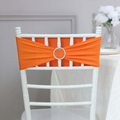 5 Pack Stretch Spandex Chair Sashes 5"x14" Orange with Silver Diamond Ring Slide Buckle - Durable Fitted Chair Bands