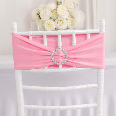 5 Pack Stretch Spandex Chair Sashes 5"x14" Pink with Silver Diamond Ring Slide Buckle - Durable Fitted Chair Bands