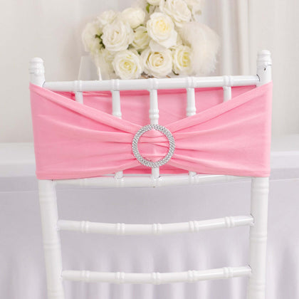 5 Pack Stretch Spandex Chair Sashes 5"x14" Pink with Silver Diamond Ring Slide Buckle - Durable Fitted Chair Bands