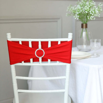 5 Pack Stretch Spandex Chair Sashes 5"x14" Red with Silver Diamond Ring Slide Buckle - Durable Fitted Chair Bands