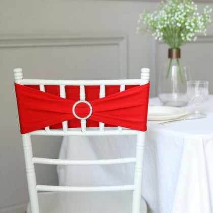 5 Pack Stretch Spandex Chair Sashes 5"x14" Red with Silver Diamond Ring Slide Buckle - Durable Fitted Chair Bands