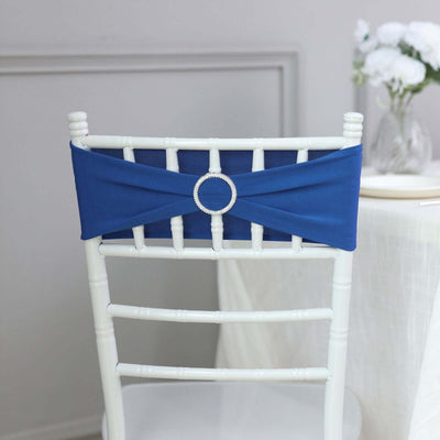 5 Pack Stretch Spandex Chair Sashes 5"x14" Royal Blue with Silver Diamond Ring Slide Buckle - Durable Fitted Chair Bands