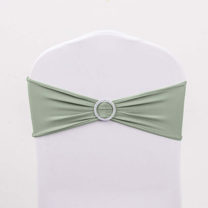 5 Pack Stretch Spandex Chair Sashes 5"x14" Sage Green with Silver Diamond Ring Slide Buckle - Durable Fitted Chair Bands