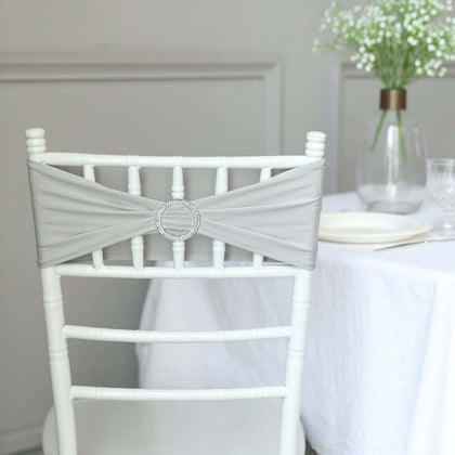 5 Pack Stretch Spandex Chair Sashes 5"x14" Silver with Silver Diamond Ring Slide Buckle - Durable Fitted Chair Bands