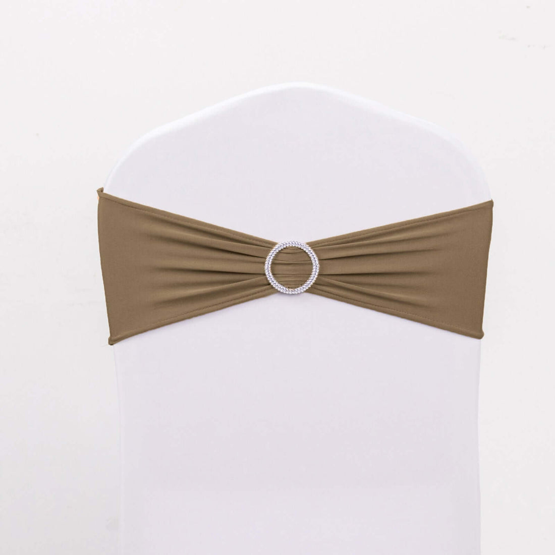 Brown chair sash with rhinestone buckle on a white chair