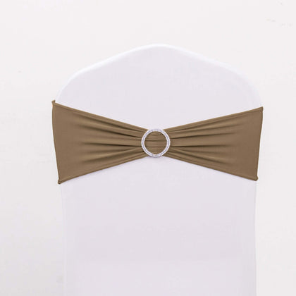 5 Pack Stretch Spandex Chair Sashes 5"x14" Taupe with Silver Diamond Ring Slide Buckle - Durable Fitted Chair Bands