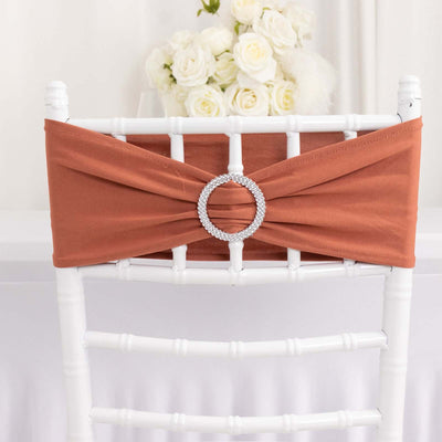 5 Pack Stretch Spandex Chair Sashes 5"x14" Terracotta (Rust) with Silver Diamond Ring Slide Buckle - Durable Fitted Chair Bands