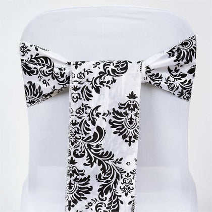 5 Pack Taffeta Damask Chair Sashes 6"x108" White with Black Flocking Design - Refined Wedding & Party Accent