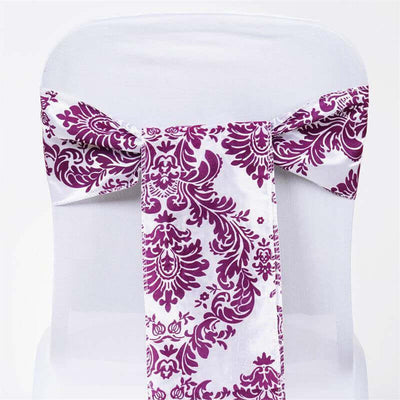 5 Pack Taffeta Damask Chair Sashes 6"x108" White with Eggplant Flocking Design