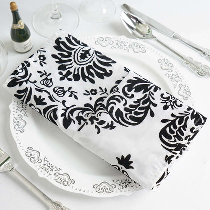 5 Pack Taffeta Napkins 20"x20" Black/White - Damask Flocking Design, Luxurious Reusable Cloth Napkins for Events