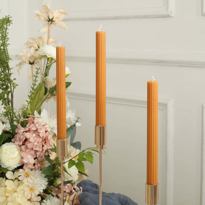 5-Pack Taper Candles 9" Ribbed Wick Ribbon Wax Design Gold - Premium Unscented Dinner Candles