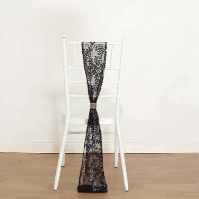 5 Pack Tulle Chair Sashes Black Leaf Vine Embroidered Sequin 6"x88" - Sophisticated Decorative Design