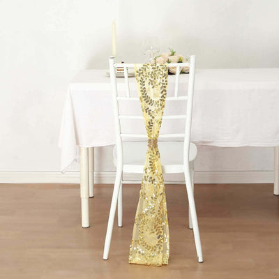 5 Pack Tulle Chair Sashes Gold Leaf Vine Embroidered Sequin 6"x88" - Sophisticated Decorative Design for Events