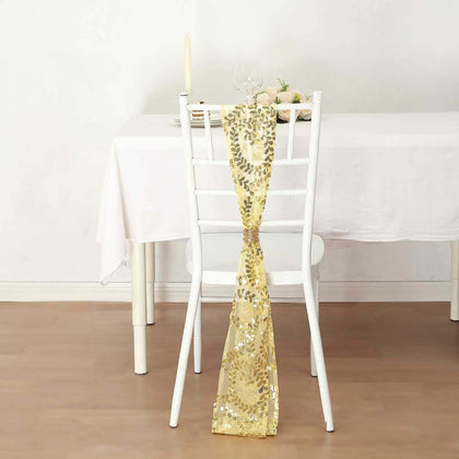 5 Pack Tulle Chair Sashes Gold Leaf Vine Embroidered Sequin 6"x88" - Sophisticated Decorative Design for Events