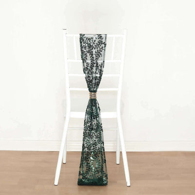 5 Pack Tulle Chair Sashes Hunter Emerald Green Leaf Vine Embroidered Sequin 6"x88" - Sophisticated Decorative Design