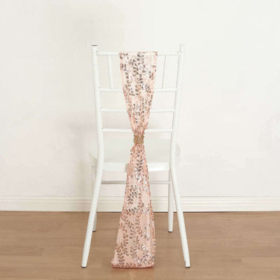 5 Pack Tulle Chair Sashes Rose Gold Leaf Vine Embroidered Sequin 6"x88" - Sophisticated Decorative Design