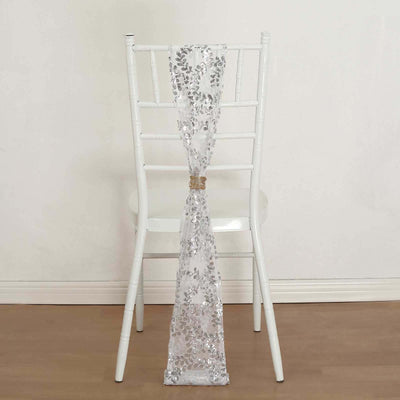 5 Pack Tulle Chair Sashes Silver Leaf Vine Embroidered Sequin 6"x88" - Sophisticated Decorative Design