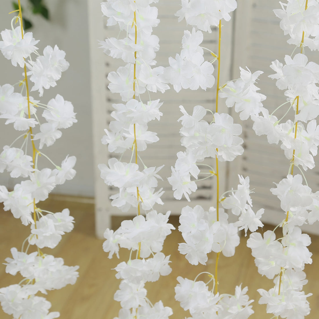White flower garland decoration hanging indoors