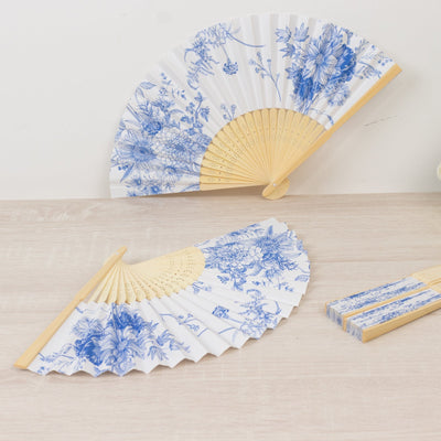 5-Pack Paper Folding Fans in White & Blue French Toile Pattern, Handheld Party Favors Fans with Bamboo Frame