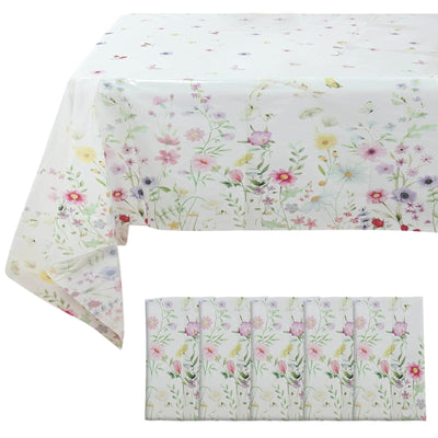 5-Pack Plastic Tablecloths 54"x108" White/Green Spring Floral Rectangle with Wild Flowers Butterfly Print - PVC Waterproof Disposable Covers