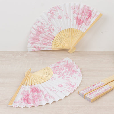 5-Pack Paper Folding Fans in White & Pink French Toile Pattern, Handheld Party Favors Fans with Bamboo Frame