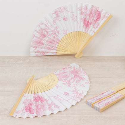 5-Pack Paper Folding Fans in White & Pink French Toile Pattern, Handheld Party Favors Fans with Bamboo Frame