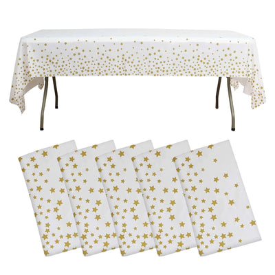 5-Pack Plastic Table Covers 54"x108" White Rectangle with Gold Stars - PVC Waterproof Disposable Covers