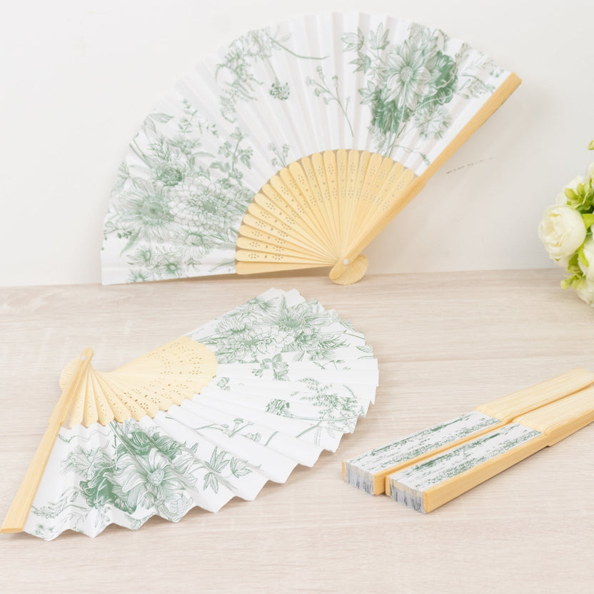 5-Pack White & Sage Green Paper Folding Fans | eFavormart