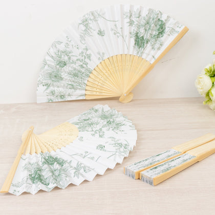 5-Pack Paper Folding Fans in White & Sage Green French Toile Pattern, Handheld Party Favors Fans with Bamboo Frame