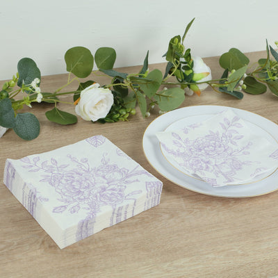 50 Pack 2-Ply Paper Cocktail Napkins in Matte Lavender and White French Toile Floral Pattern, Highly Absorbent Soft Disposable Beverage Napkins