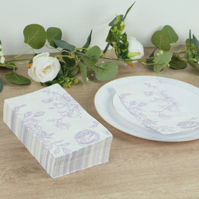 50 Pack 2-Ply Paper Dinner Napkins in French Toile Floral Pattern, Matte Lavender and White Highly Absorbent Soft Disposable Party Napkins