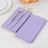 Lavender napkins with a fork and knife on a wooden table.