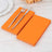Orange napkins with silver fork and knife on a wooden table.