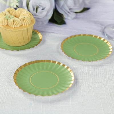 50-Pack Paper Round Party Plates 3.5" Dusty Sage Green with Gold Scalloped Rim - 250GSM Disposable Mini Dessert Plates