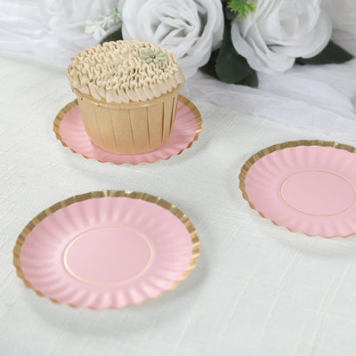 50-Pack Paper Round Party Plates 3.5" Blush with Gold Scalloped Rim - 250GSM Disposable Mini Dessert Plates