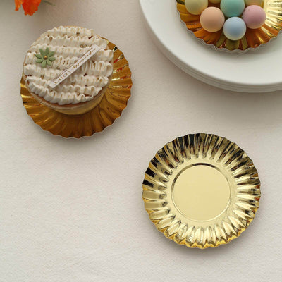 50-Pack Paper Round Party Plates 3.5" Metallic Gold Scalloped Rim - 250GSM Disposable Mini Dessert Plates